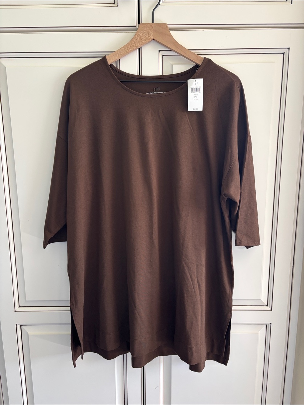 J Jill Luxe Supima Ballet Sleeve Tunic Kona Brown Top Shirt $69 Womens Size 2X